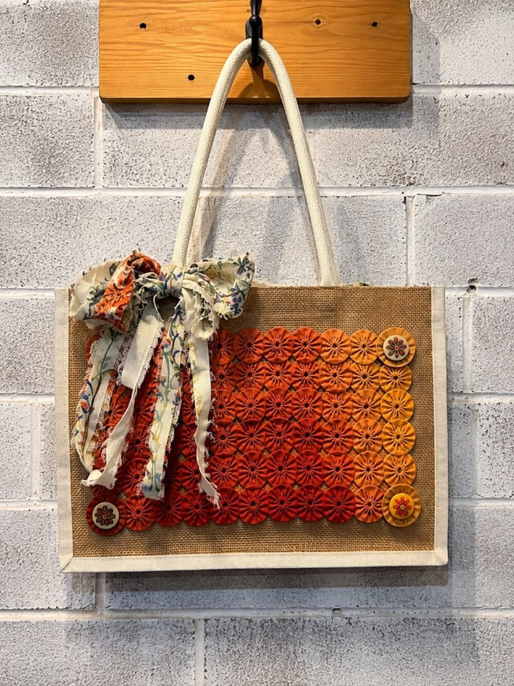 Vintage Burlap Fall Yo Yo Fabric Tote Bag Rustic Farmhouse Autumn Pumpkin Decor